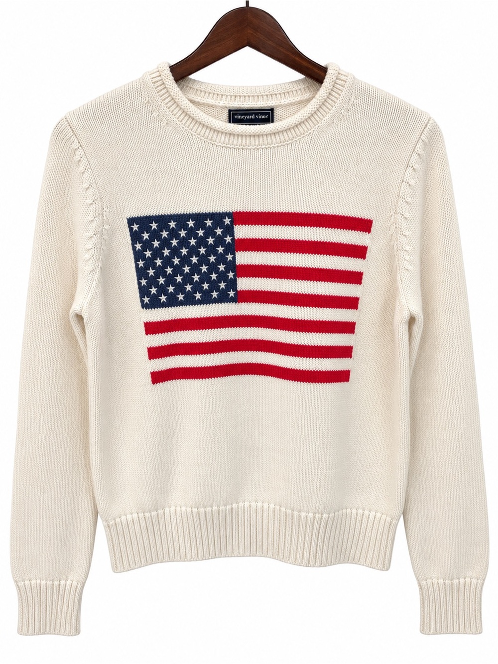 Vineyard Vines Cream Crewneck Sweater with Flag Intarsia